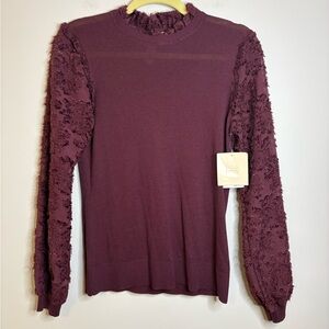 Women’s 14th & Union Sweater w/ruffle neck & textured lace sleeves size S NWT